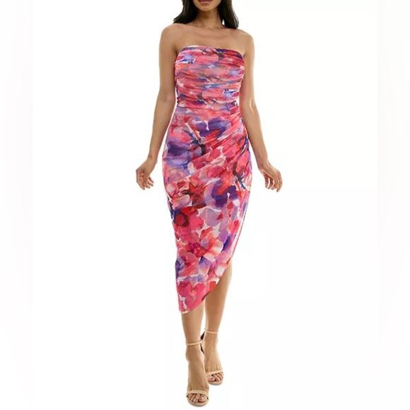 Emerald Sundae Juniors' Strapless Ruched Mesh Bodycon Midi Dress Fuchsia Sz L - Picture 1 of 9